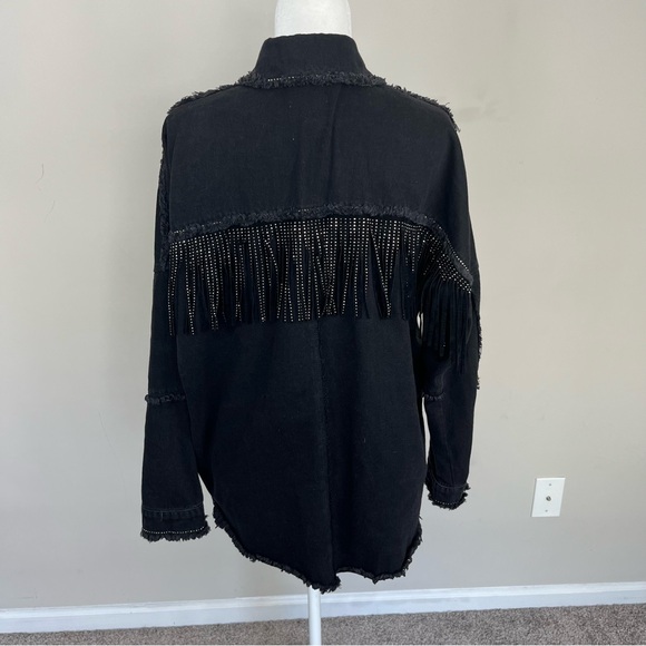ZARA DENIM EMBELLISHED FRINGE BUTTON UP SHIRT JACKET SIZE SMALL IN BLACK - Picture 11 of 16